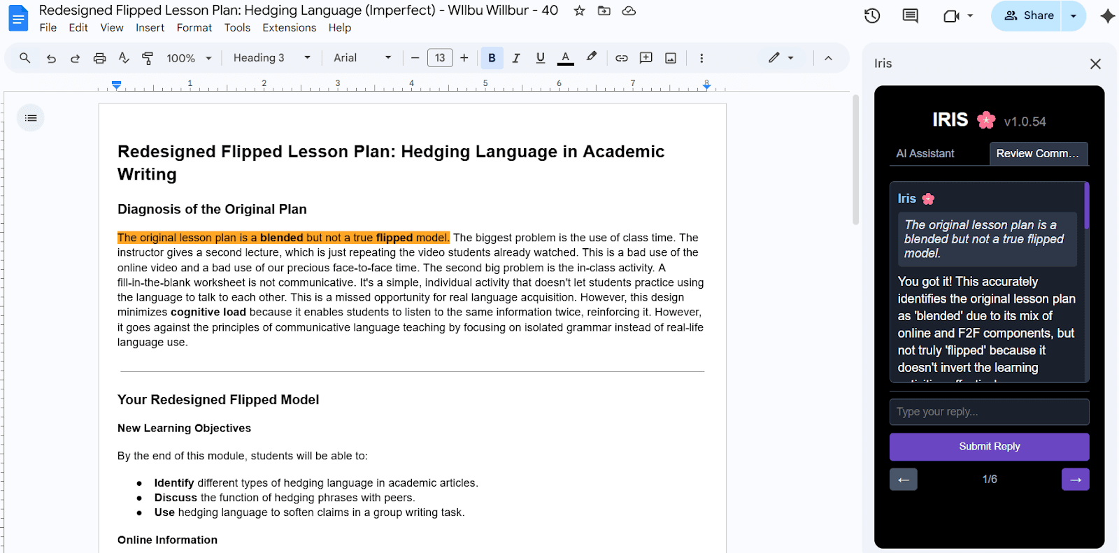 IRIS Add-on in Google Docs showing AI-powered feedback in the sidebar